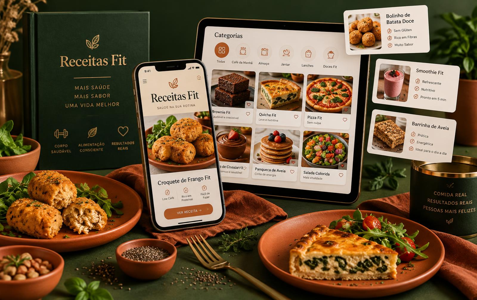 Receitas fit no celular e tablet com fotos dos pratos